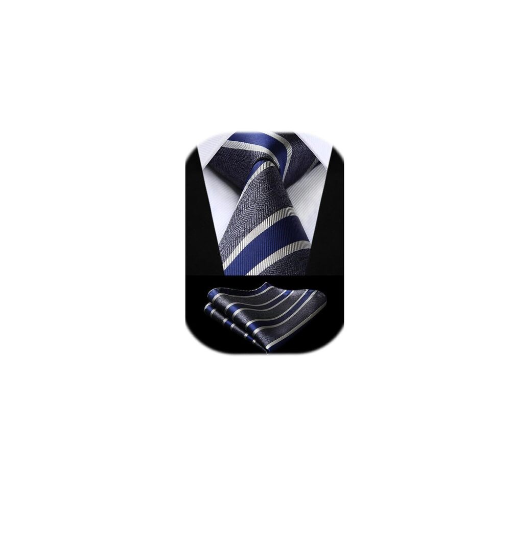 6597 Grey Ties Formal Blue Stripe Ties and Pocket Square Set Handkerchief